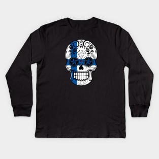 Finnish Flag Sugar Skull with Roses Kids Long Sleeve T-Shirt